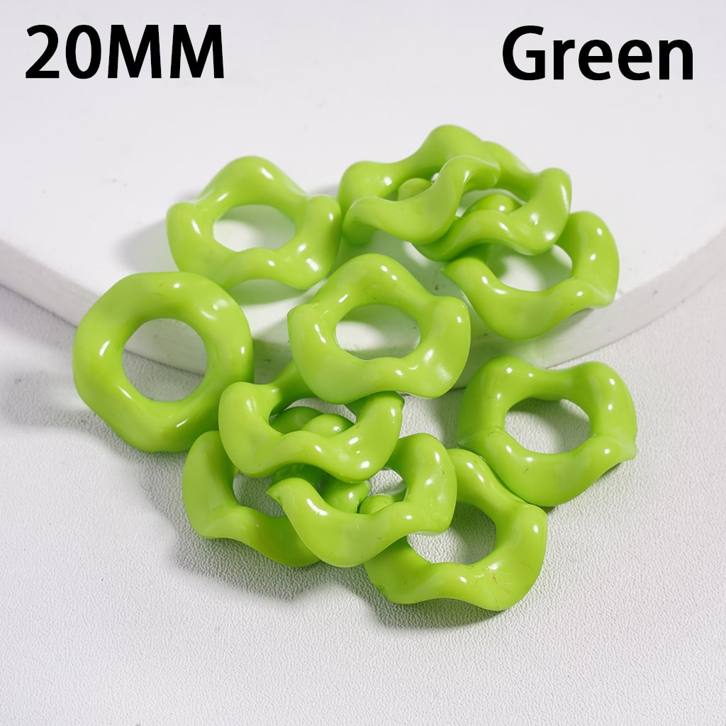 Green plastic rings with '20MM' and 'Green' text on a white background