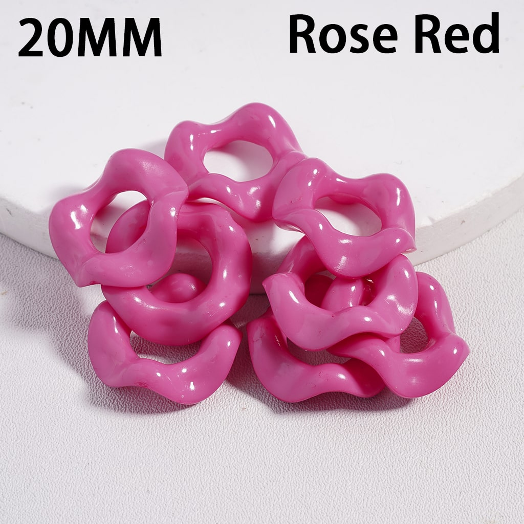 Pink floral-shaped objects with '20MM' and 'Rose Red' text on a white background
