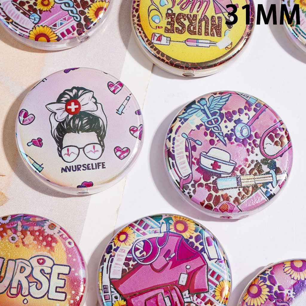 Acrylic Beads UV Coating Healthcare Nurse Theme, 31MM, Flat Round Shape, Random Mix