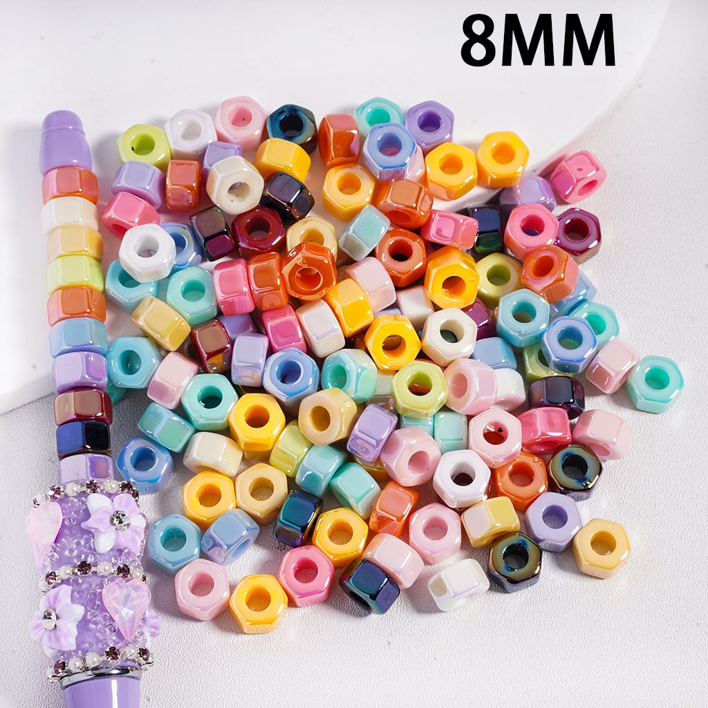 Assorted colorful beads with a purple beaded item on a white background, labeled '8MM'.
