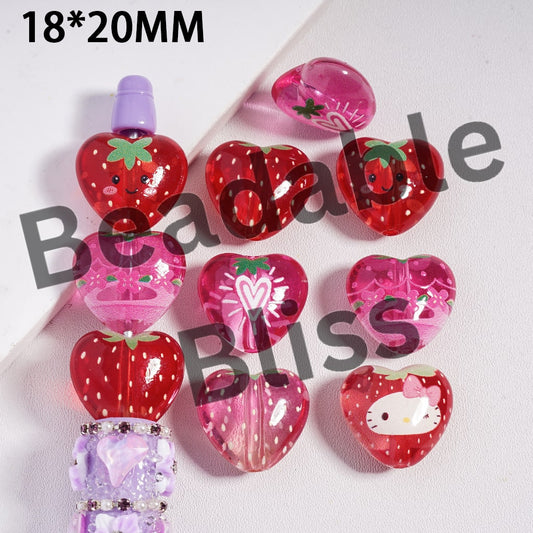 Acrylic Beads Strawberry Pattern with Cute Cat Character and Happy Face, Heart Shape, 18*20MM, Random mix