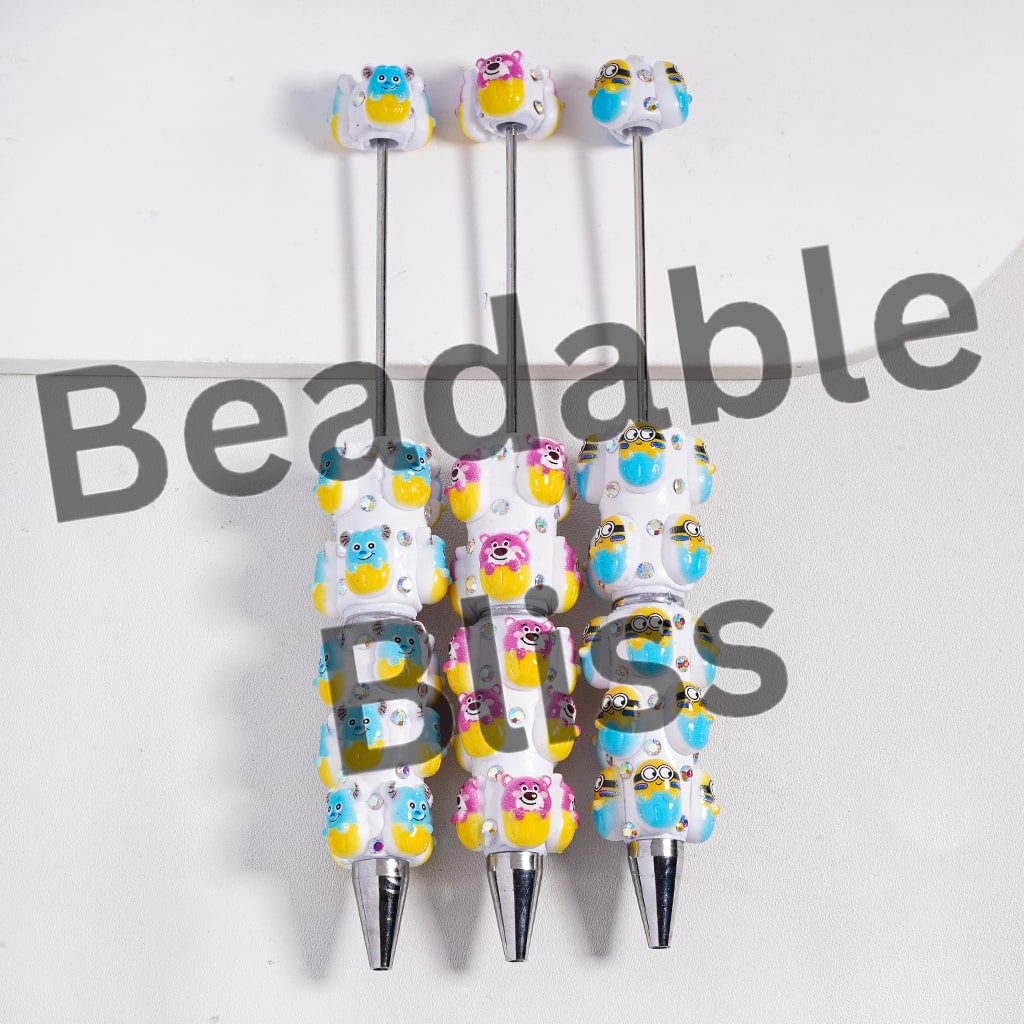 Beadable Clay Pens with Banana Character and Pink Bear and Blue AB Rhinestones, Random Mix