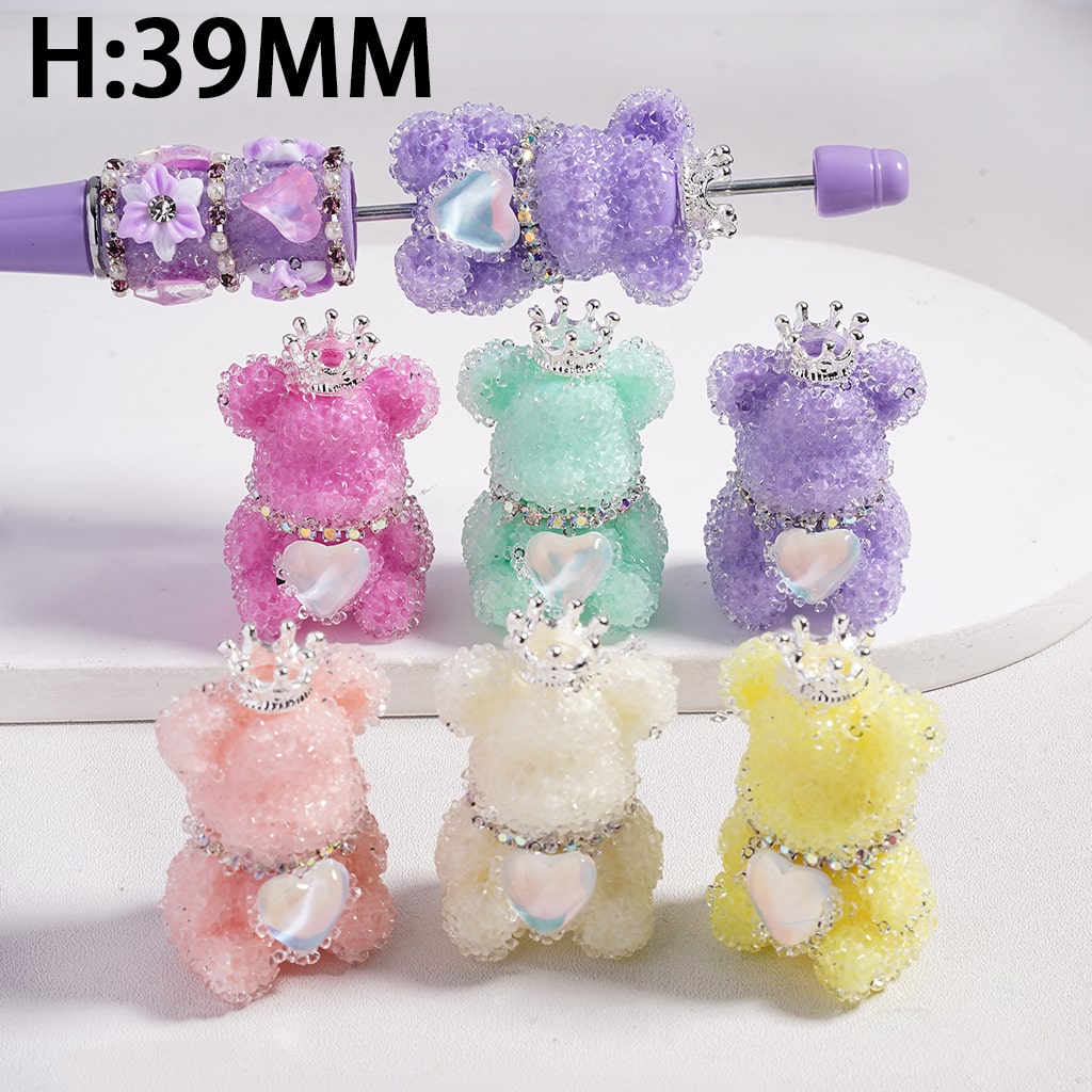 Acrylic Sugar Bead Bear with Sparkling Rhinestones Chain, Crown, Heart, Random Mix