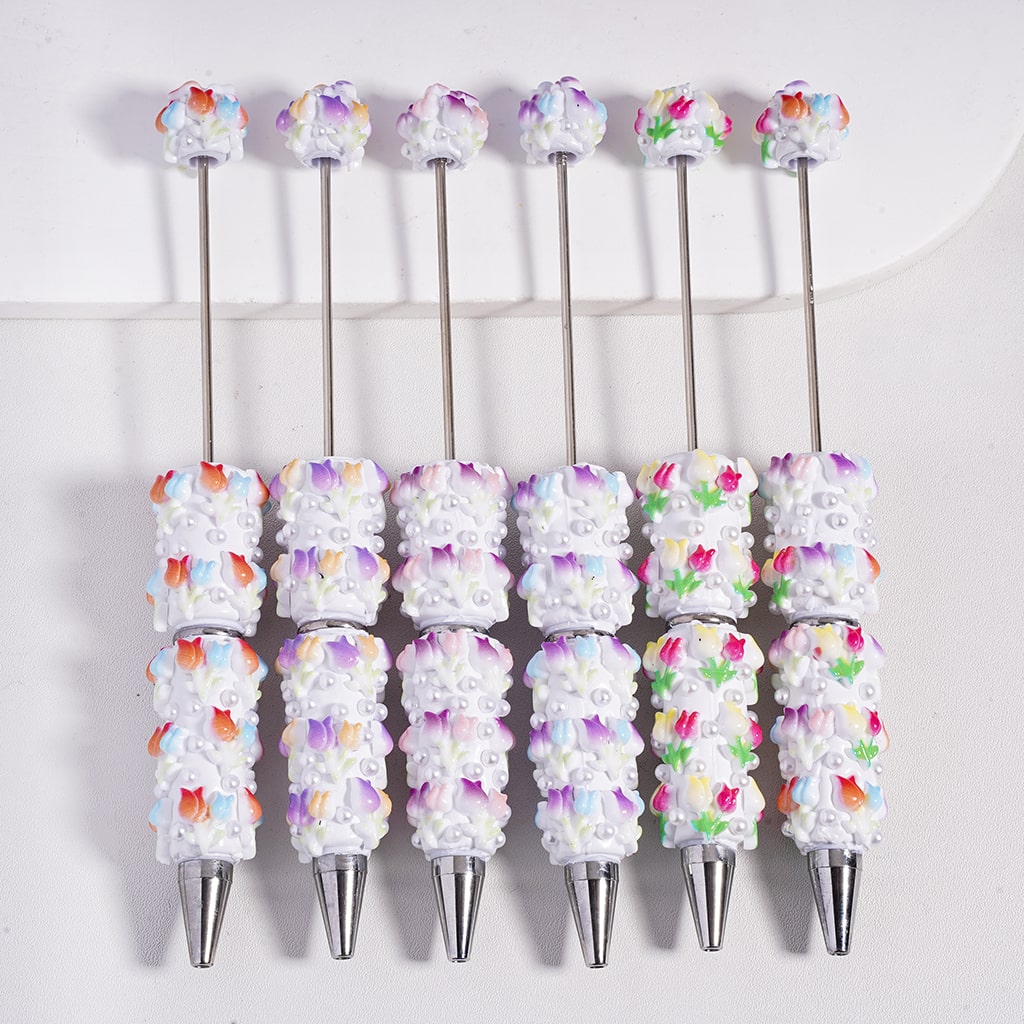Beadable Clay Pens with Double Colors Tulip Flowers and White Pearls, Random Mix