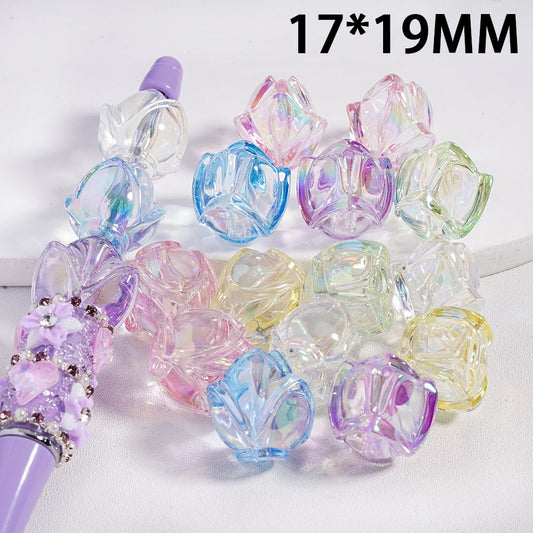 Colorful iridescent beads on a white background with size '17*19MM' displayed.