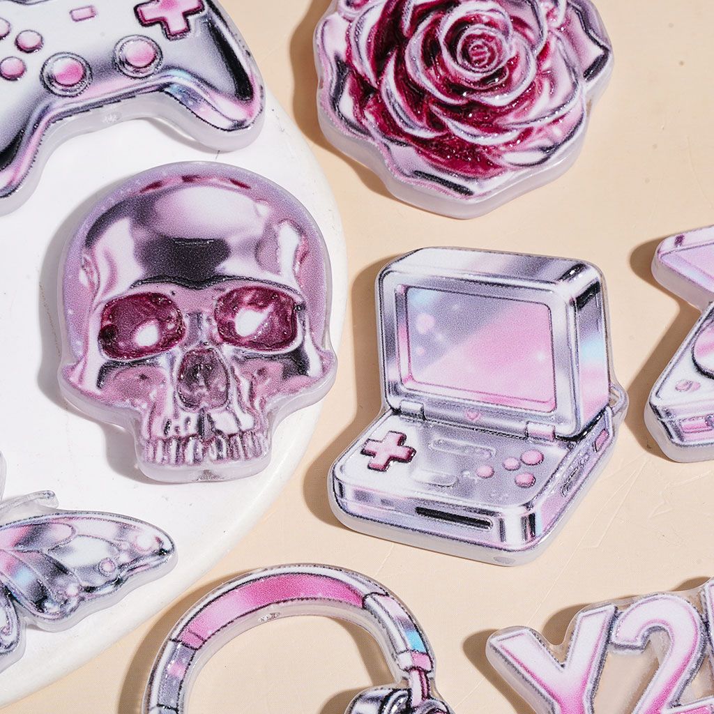Acrylic Beads Bowtie Game Controller Butterfly Skull Head Flower Record Player Headset Planet, Silver Pink Series, Random Mix
