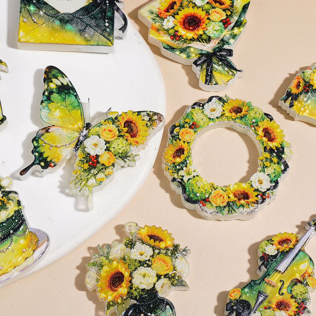 Envelope Flower Wreath Bouquet Umbrella Butterfly Violin Cake Acrylic Beads, Green Yellow Sunflower Series, Random Mix