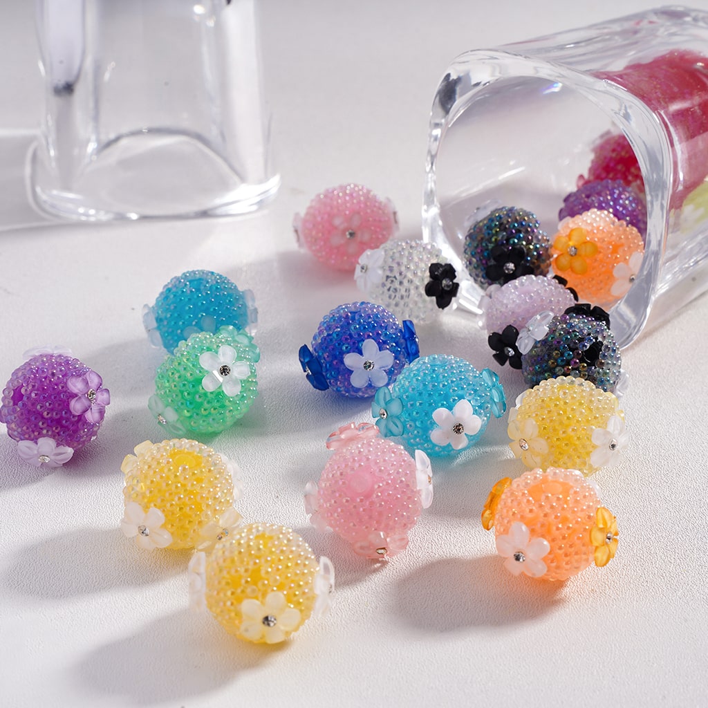 Hard Sugar Acrylic Beads in Solid Colors with Small AB Color Rhinestones and Small Flowers with Diamond, 14mm, Random Mix