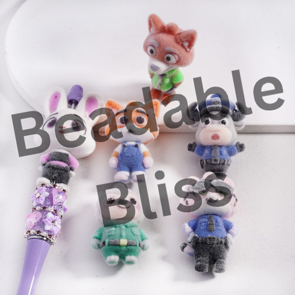 Acrylic Beads Pendant or Pen Topper, Flocked Fluffy Animal Characters Figurine Series (Size Varies Between 42 to 63 MM Depending on Figurine)