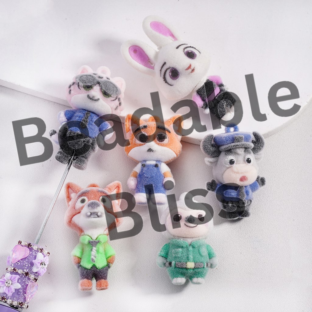 Acrylic Beads Pendant or Pen Topper, Flocked Fluffy Animal Characters Figurine Series (Size Varies Between 42 to 63 MM Depending on Figurine)