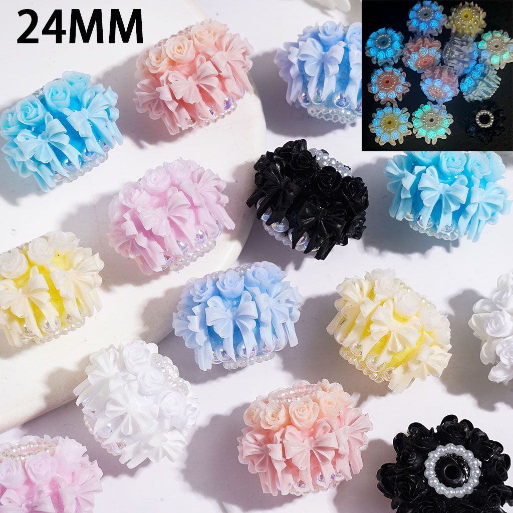 Handmade Acrylic Beads Luminous Cute Bowtie Rose Flowers and UV-Coated Half-Shell Pearl, White Pearls Loops 24MM Multi-Color