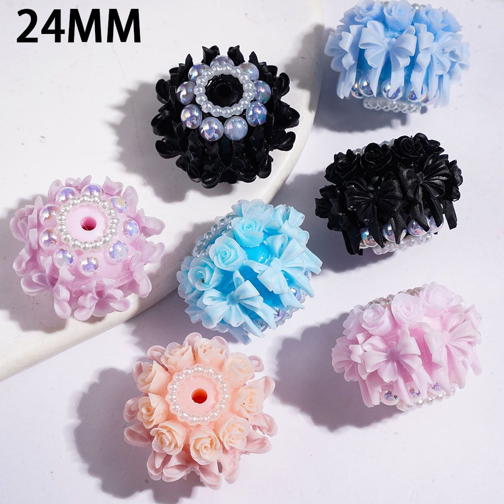Handmade Acrylic Beads Luminous Cute Bowtie Rose Flowers and UV-Coated Half-Shell Pearl, White Pearls Loops 24MM Multi-Color