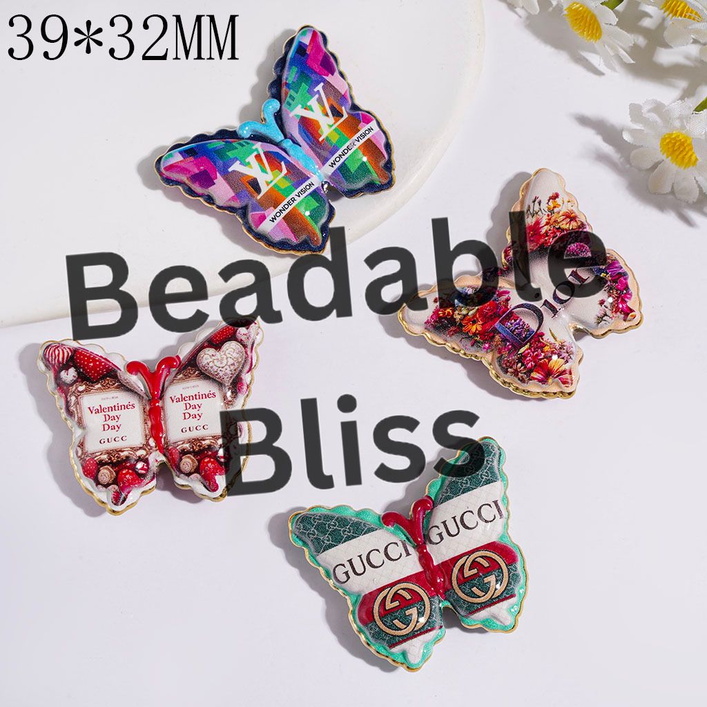 Acrylic Beads Butterfly with Fashion Print, Gold Border, 39*32MM Random Mix