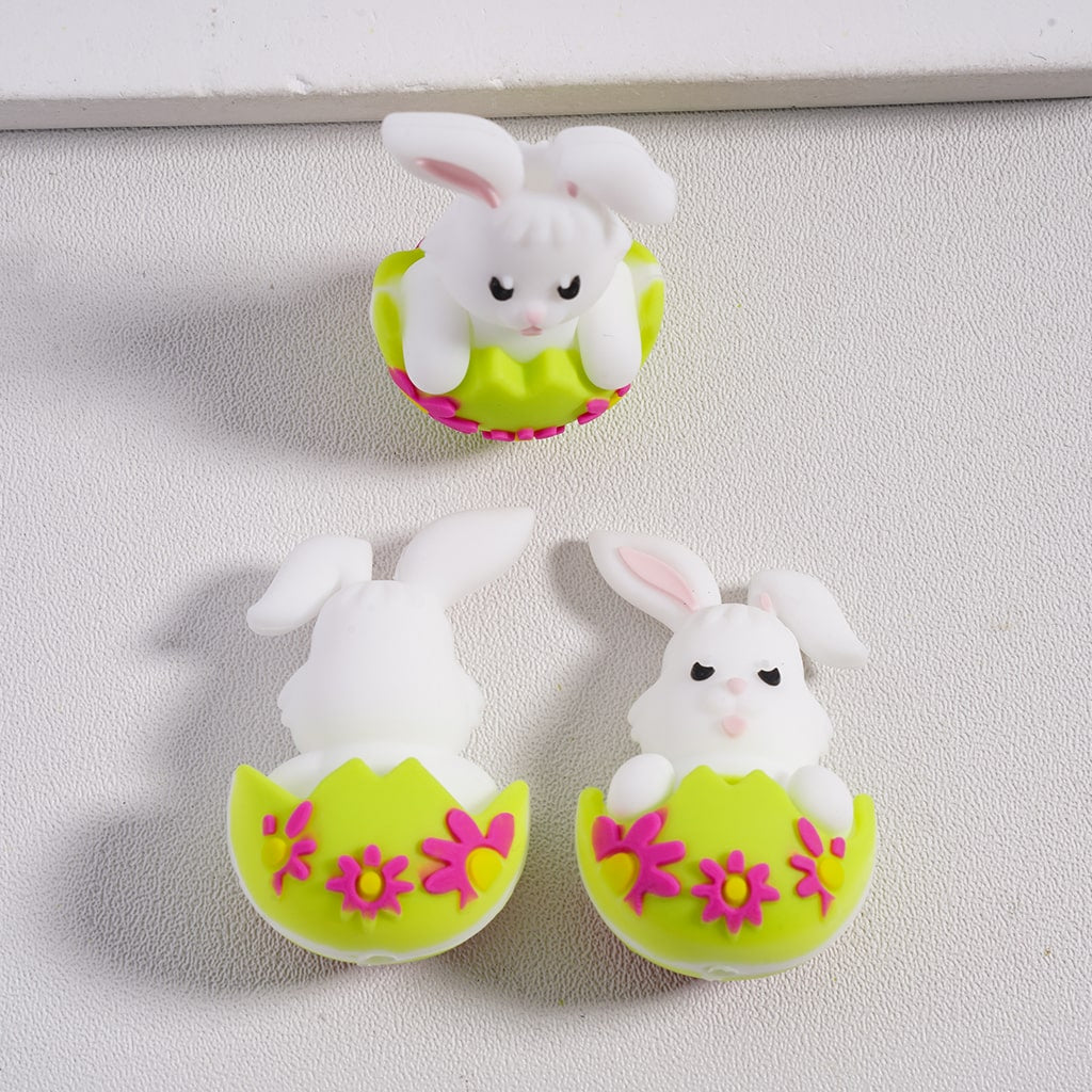 Silicone Focal Beads 3D White Bunny Sitting in Broken Eggshell with Rose Pink Flowers Easter