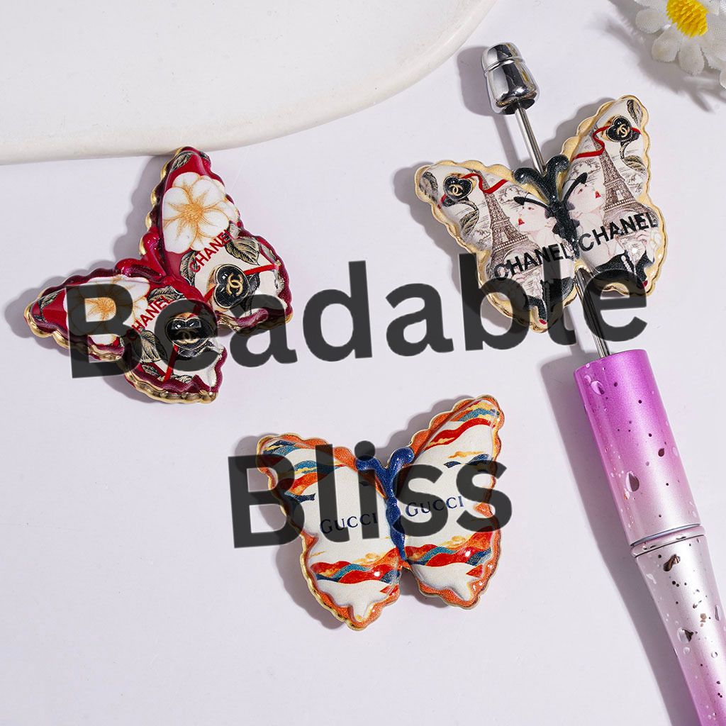 Acrylic Beads Butterfly with France Fashion Print, Gold Border, 39*32MM Random Mix