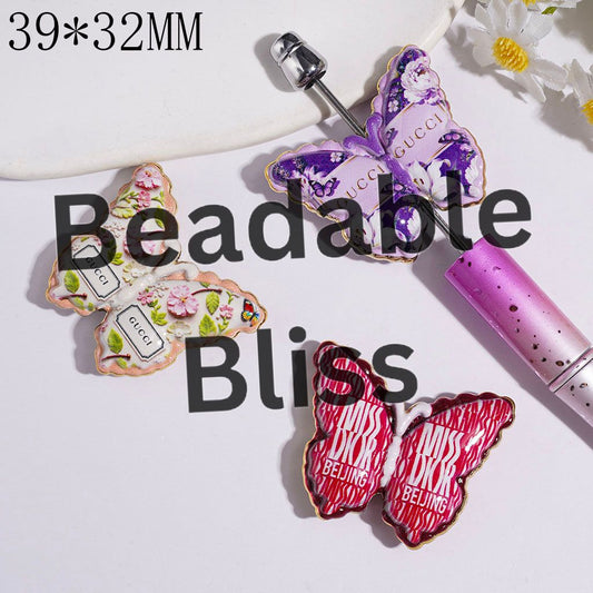 Acrylic Beads Butterfly with Flower and Fashion Print, Gold Border, 39*32MM Random Mix