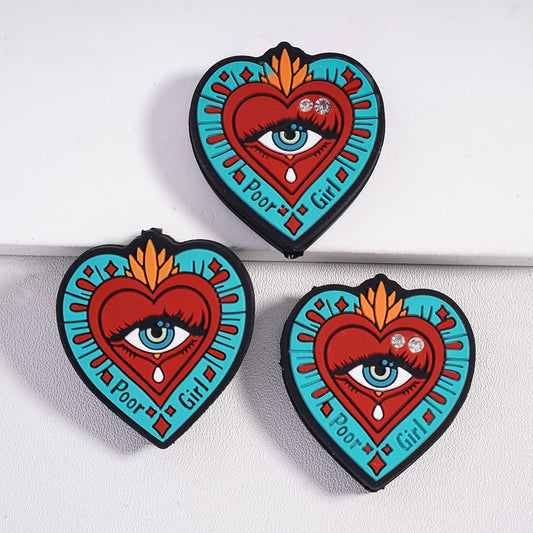 Silicone Focal Beads Teary Evil Eye on Red Heart with Clear Rhinestones, Heart Shape