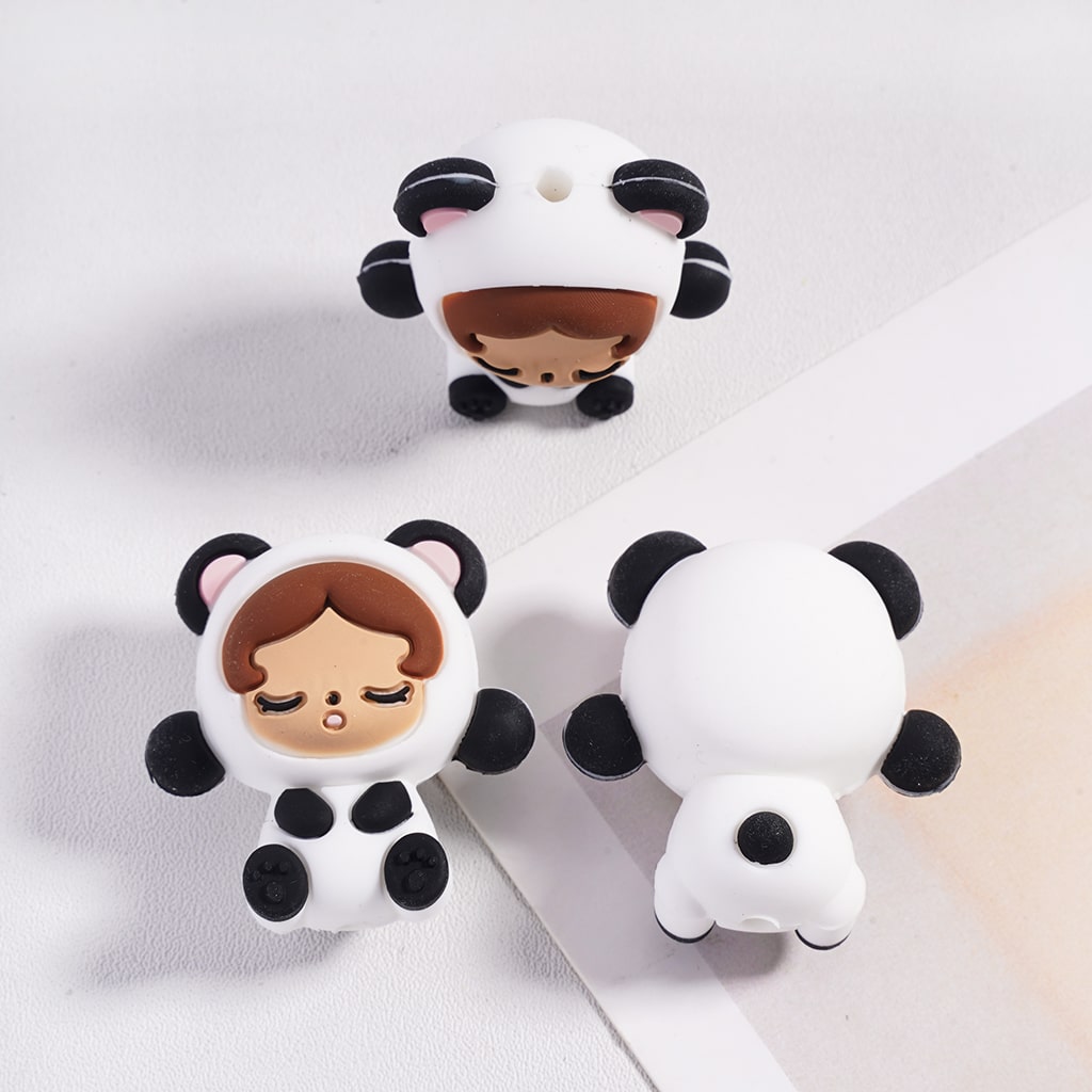 Three cartoon panda character phone cases on a white background