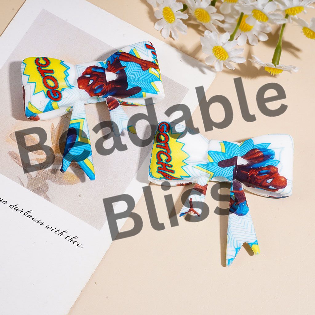 Soft Bowtie with Web Superhero Strong Character Prints Silicone Focal Beads, 53*59MM