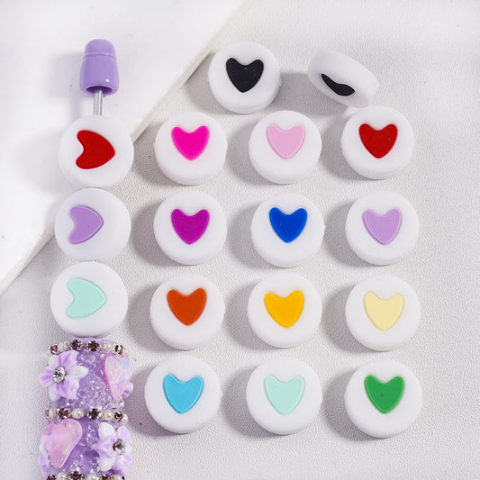 Silicone Focal Beads Flat White Round with Heart in Various Colors, Random Mix (The Hole is Horizontal, not Vertical)