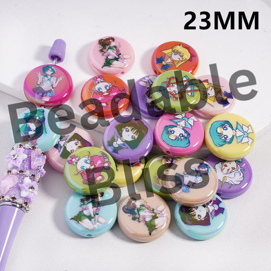 Set of colorful buttons with cartoon characters on a white background
