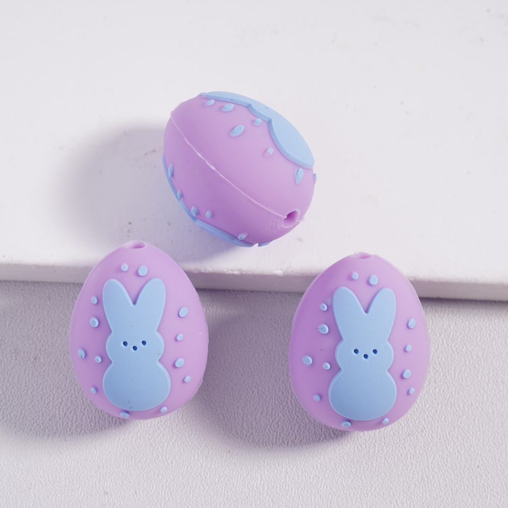 Silicone Focal Beads 3D Egg with Rabbit and Spot in Various Colors Easter Theme