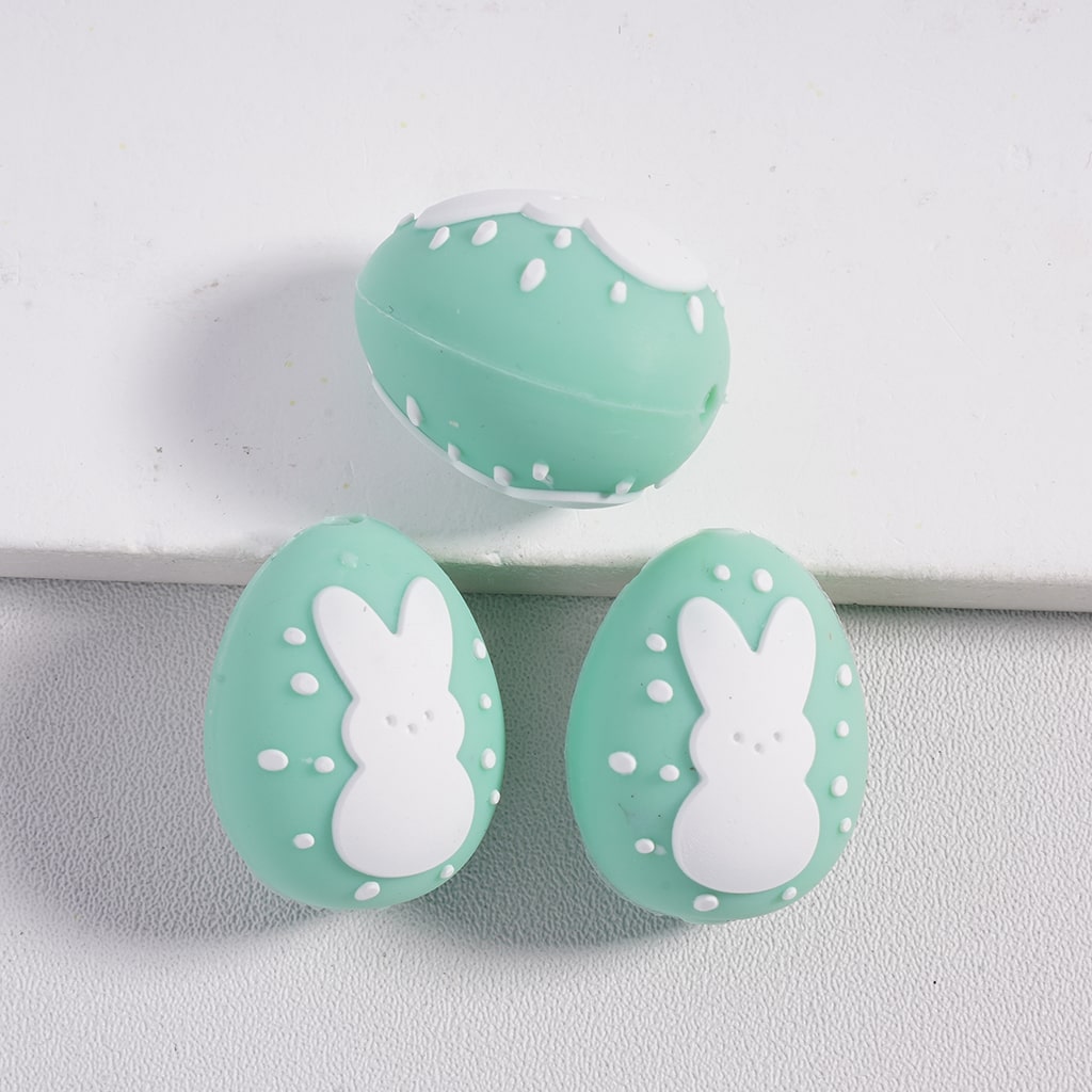 Silicone Focal Beads 3D Egg with Rabbit and Spot in Various Colors Easter Theme