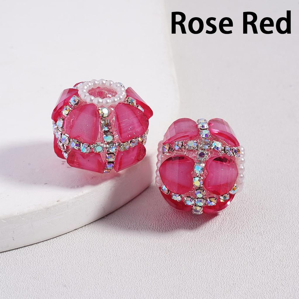 Rose red beads with gemstones on a white background, labeled 'Rose Red'.