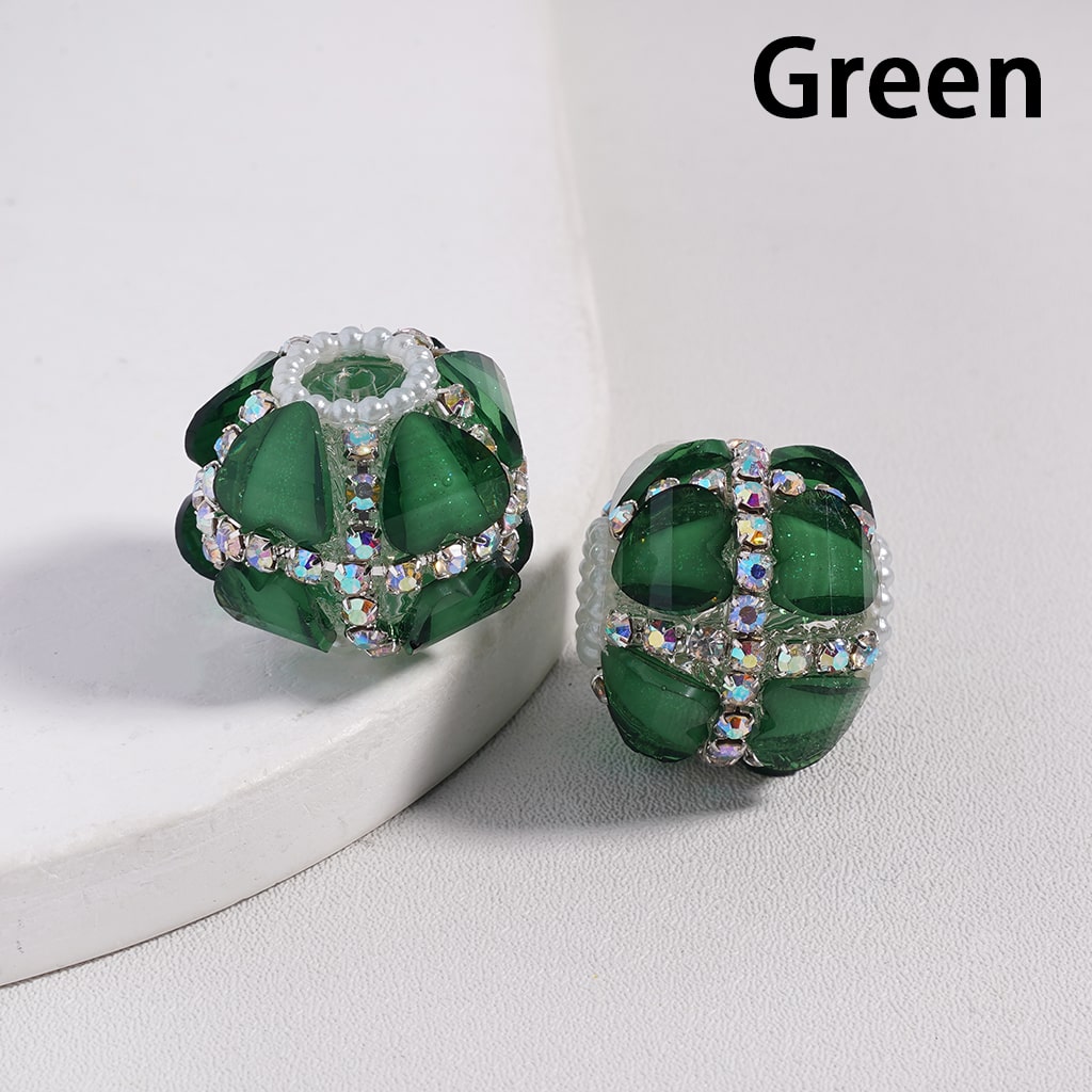 Green beaded earrings on a white background with 'Green' text above.