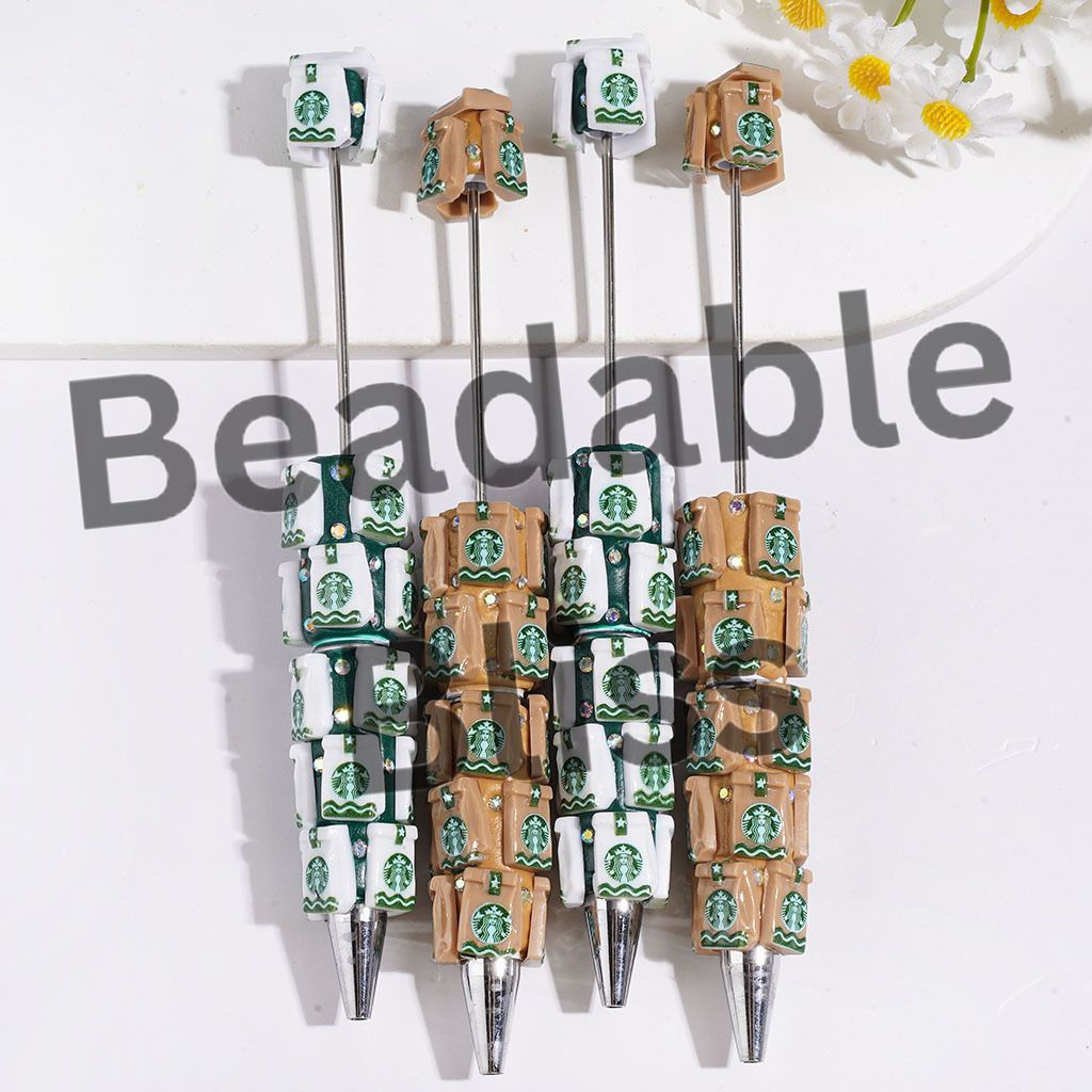 Beadable Clay Pens with Coffee Bag and AB Rhinestone, White & Light Brown