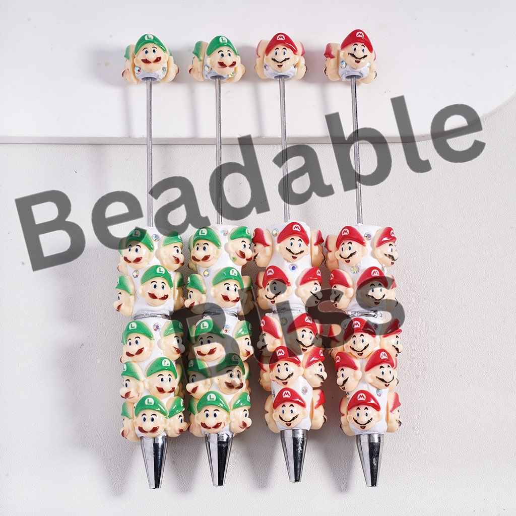 Beadable Clay Pens with Plumber Character in Red and Green Hat, AB Rhinestones and White Pearl, Random Mix