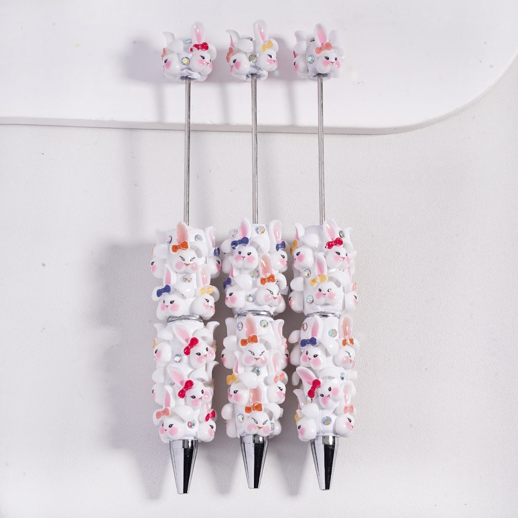 Beadable Clay Pens Rabbit Head with Various Colors Bowtie , AB Rhinestones