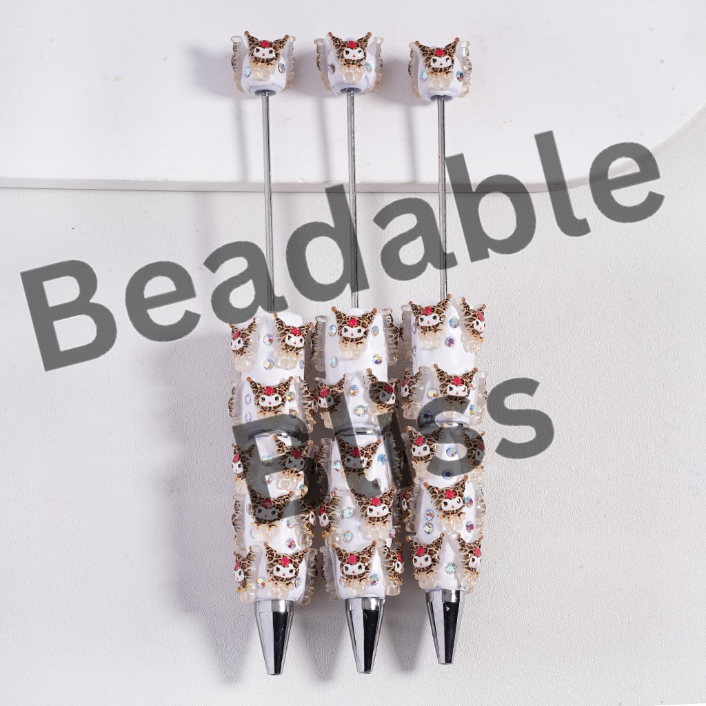 Beadable Clay Pens Adorable Character with Leopard Prints, AB Rhinestones and White Pearl