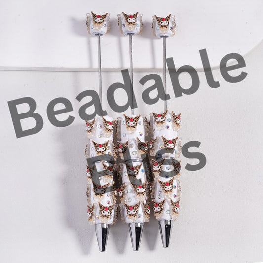 Beadable Clay Pens Adorable Character with Leopard Prints, AB Rhinestones and White Pearl