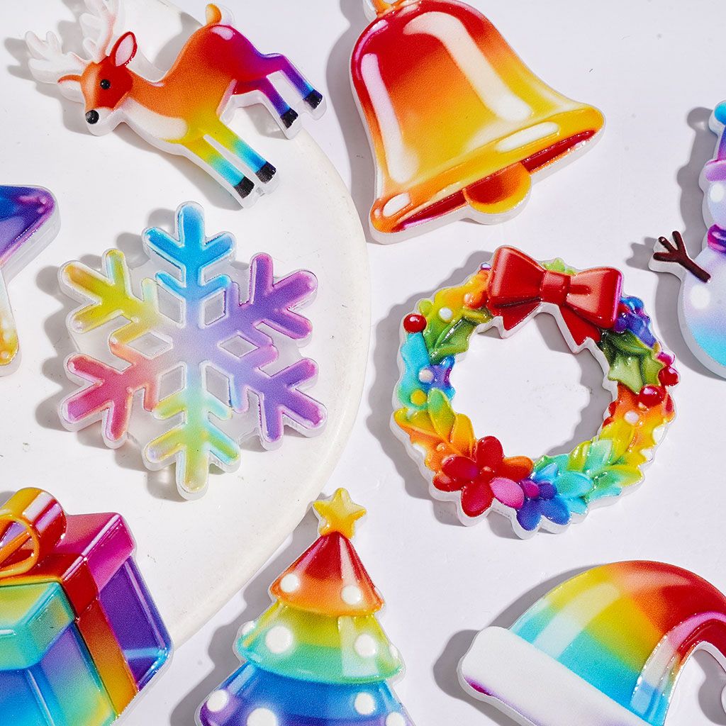 Acrylic Beads Christmas Tree Bell Gift Box Wreath Reindeer Santa Hat Star Snowman Snowflake, Rainbow Style, Random Mix
