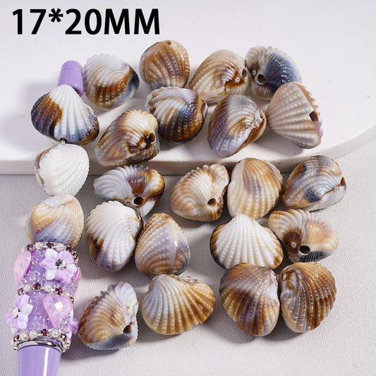 Shell beads with a purple decorative item on a white background, labeled 17*20MM.