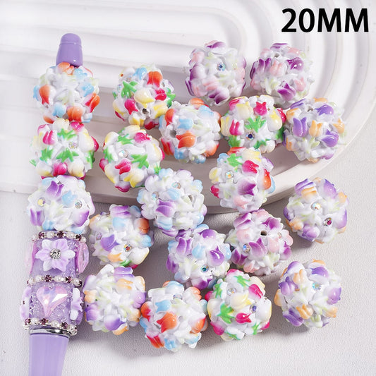 Clay Beads with Double Colors Tulip Flowers and AB Rhinestones, 20MM, Random Mix