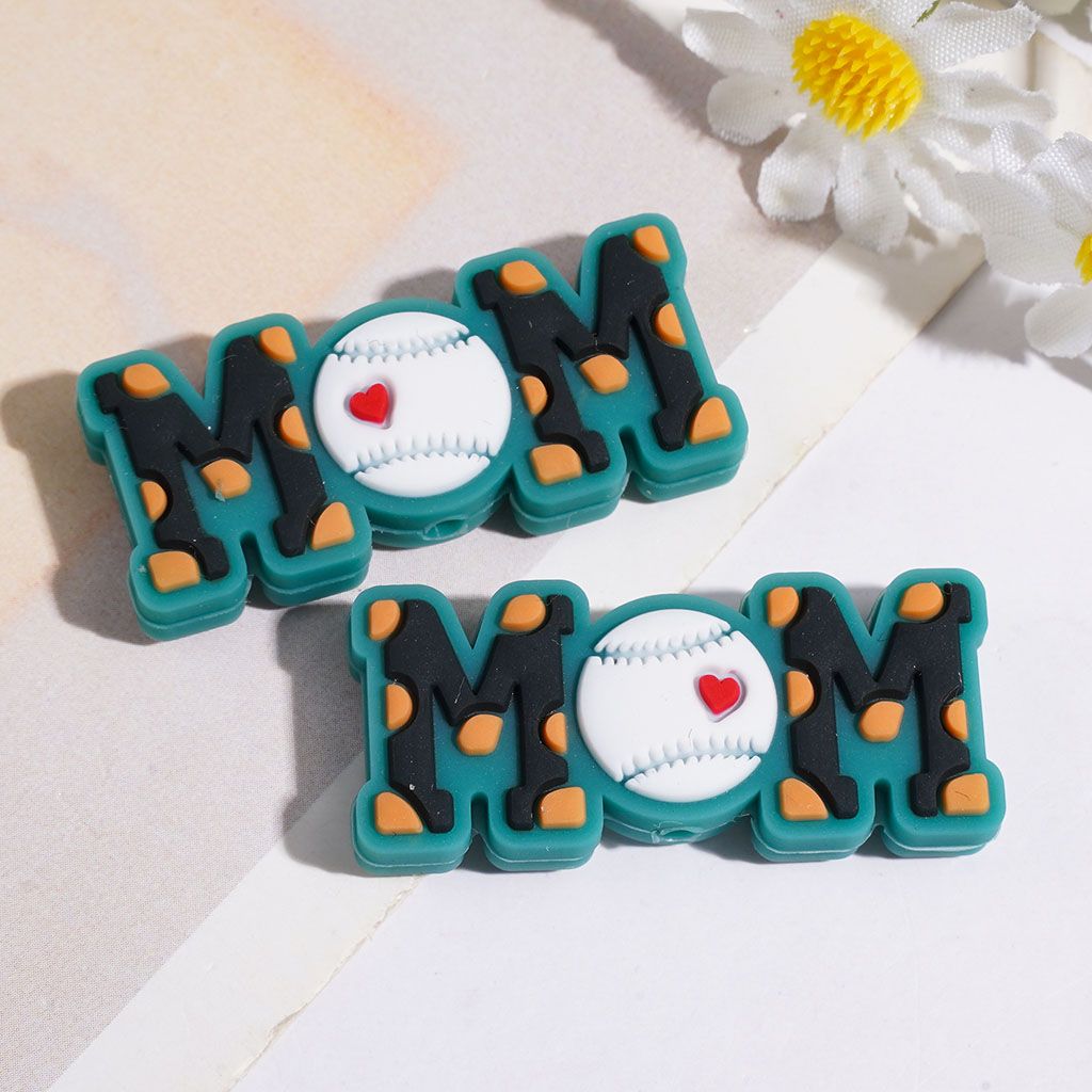 Silicone Focal Beads Baseball Mom with Mini Heart, 15*35MM Multi-Color