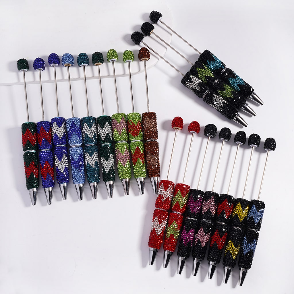 Beadable Pens with Wavy Pattern, Double Color Rhinestones, Multi-Color