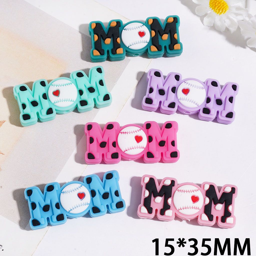 Silicone Focal Beads Baseball Mom with Mini Heart, 15*35MM Multi-Color