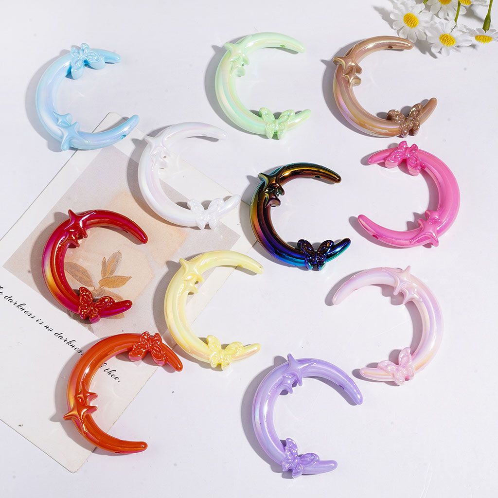 UV Finish Cute Crescent Moon Acrylic Beads with Butterfly Star, Random Mix, 45*54MM