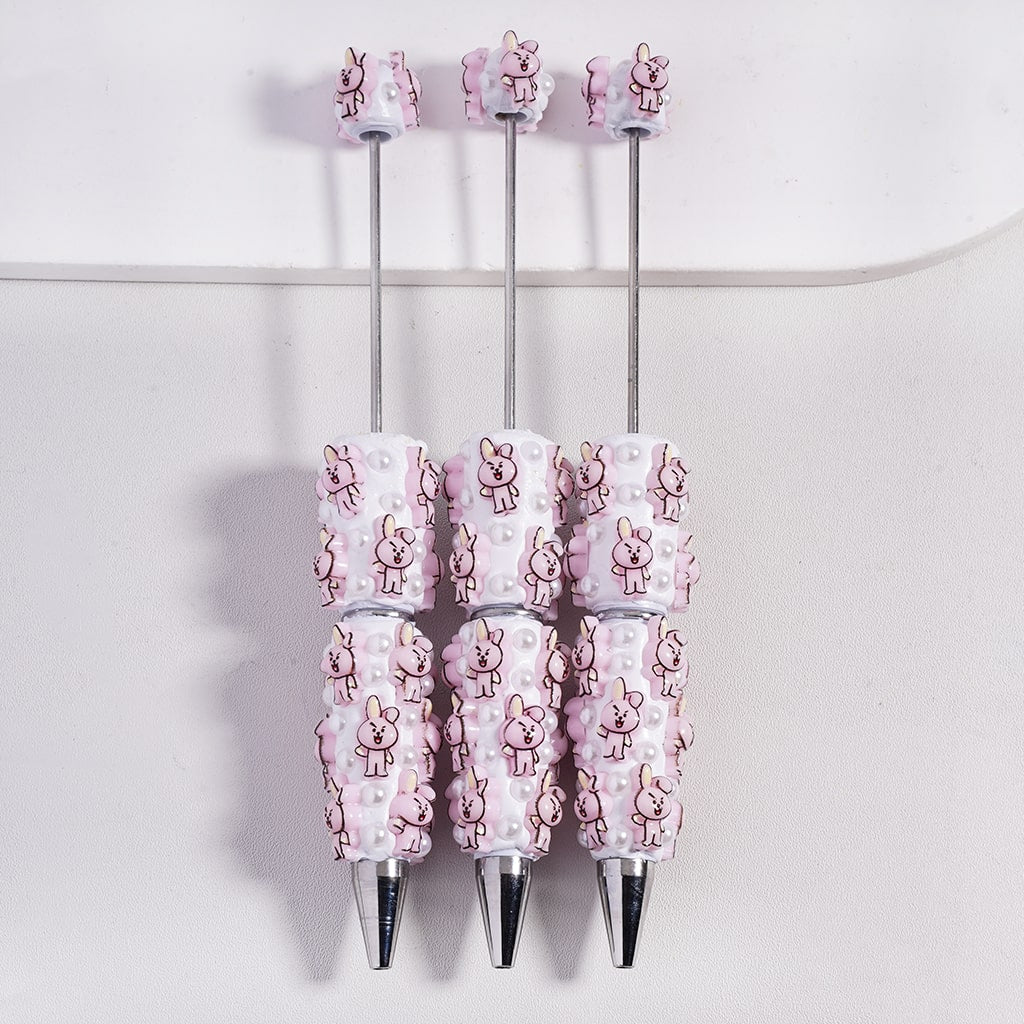 Beadable Clay Pens with Pink Bunny and White Pearls