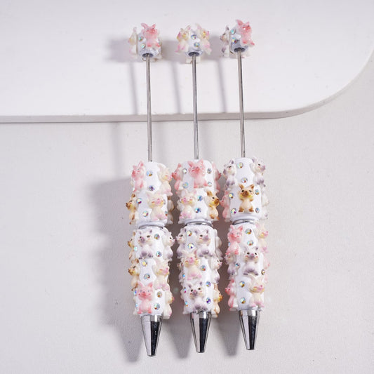 Beadable Clay Pens Shy Fox Putting Hands Up, AB Rhinestones and White Pearl, Multi-Color