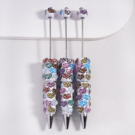 Beadable Clay Pens Heart with Leopard Prints and AB Rhinestones, Multi-Color
