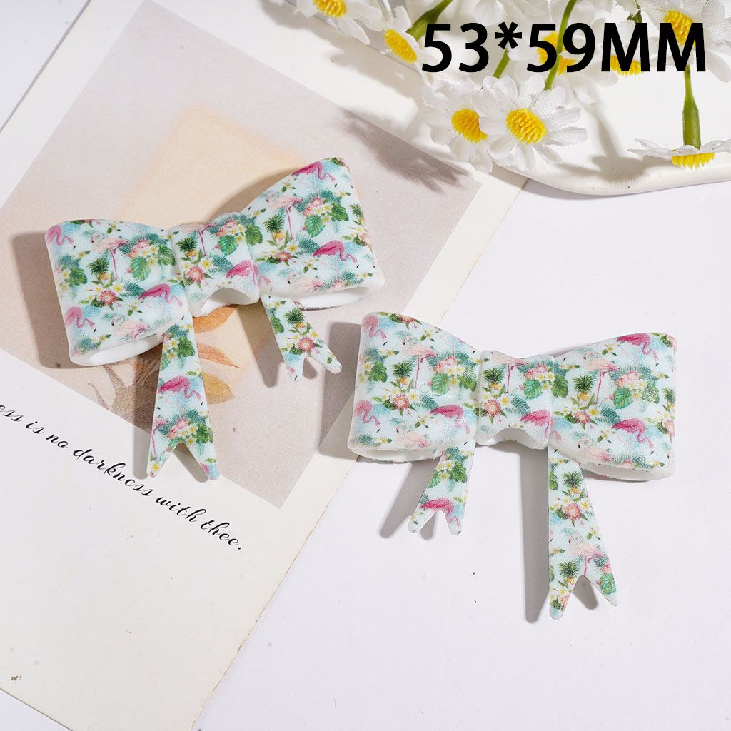 Silicone Focal Beads Soft Bowtie with Flamingos and Green Leaves Print, 53*59MM