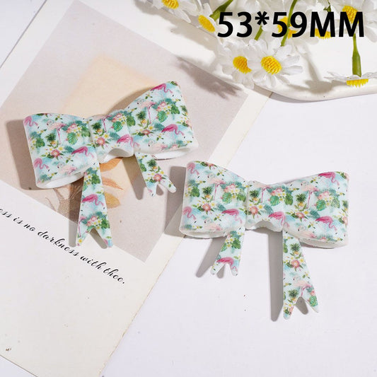 Silicone Focal Beads Soft Bowtie with Flamingos and Green Leaves Print, 53*59MM