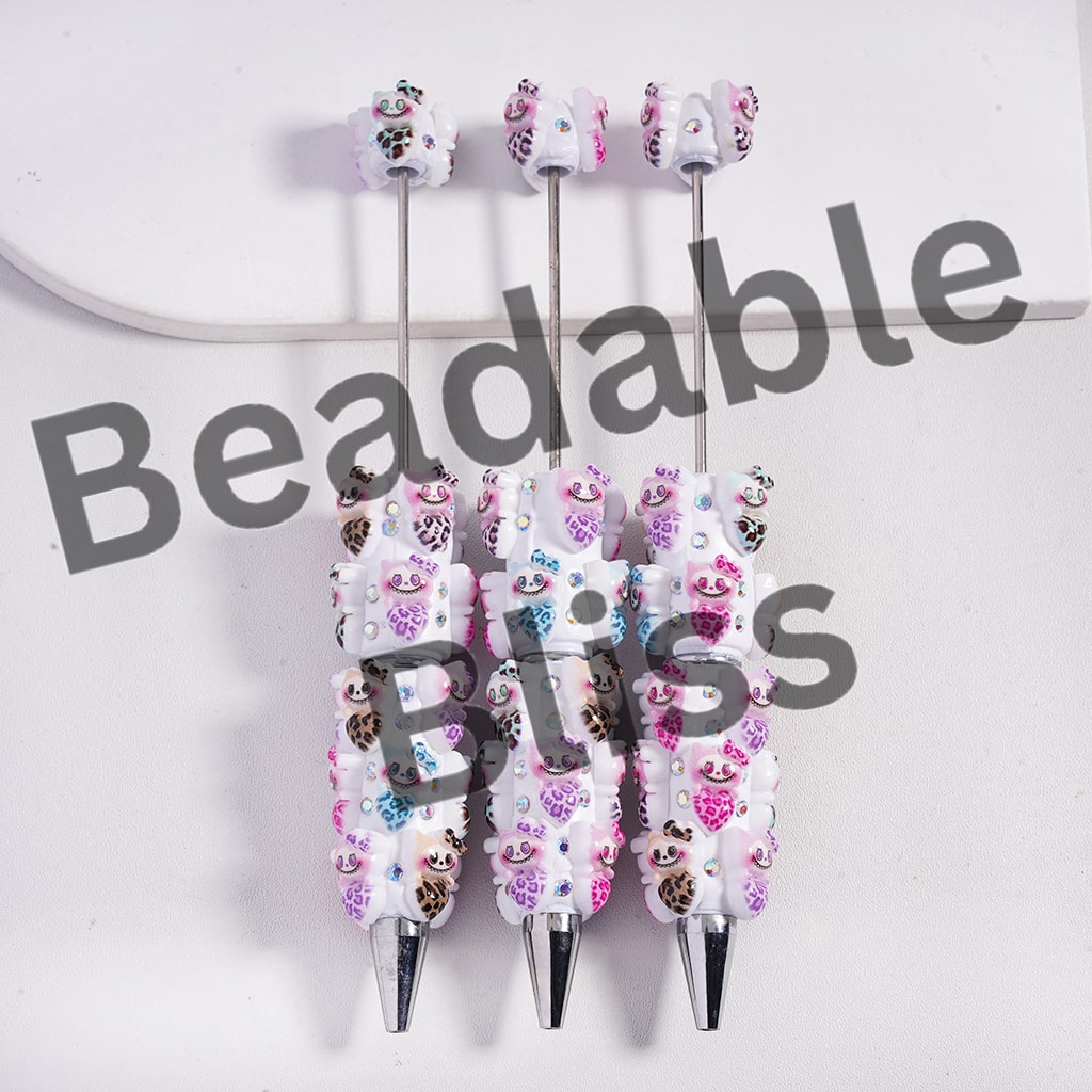 Beadable Clay Pens Monster Doll Holding Heart with Leopard Prints, AB Rhinestones and White Pearl, Multi-Color