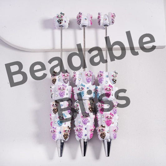 Beadable Clay Pens Monster Doll Holding Heart with Leopard Prints, AB Rhinestones and White Pearl, Multi-Color