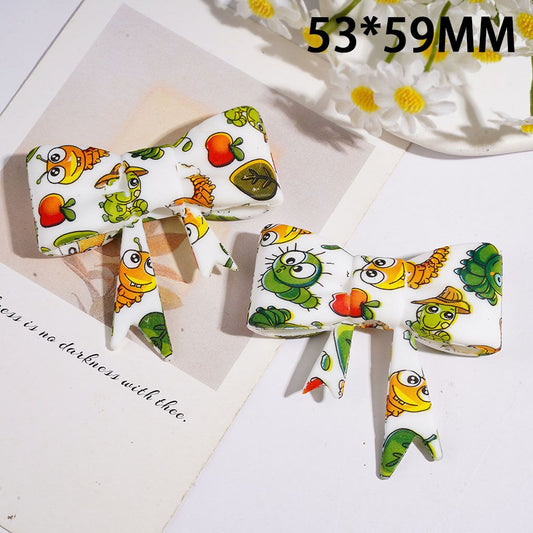 Silicone Focal Beads Soft Bowtie with Caterpillar and Apple Print, 53*59MM
