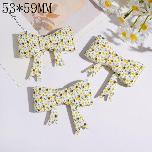 Silicone Focal Beads Soft Bowtie with Chubby Bee and Flowers Pattern, 53*59MM